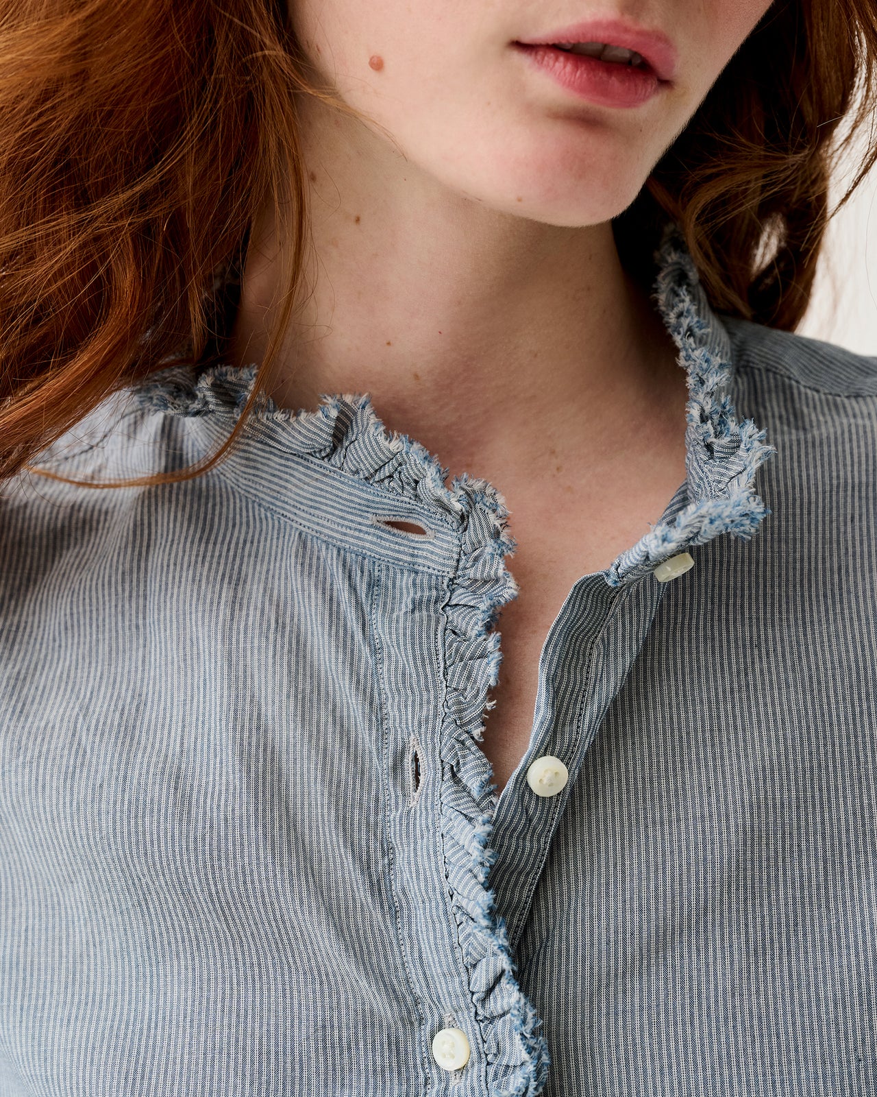 Frill Shirt in Indigo Pinstripe Lightweight Chambray