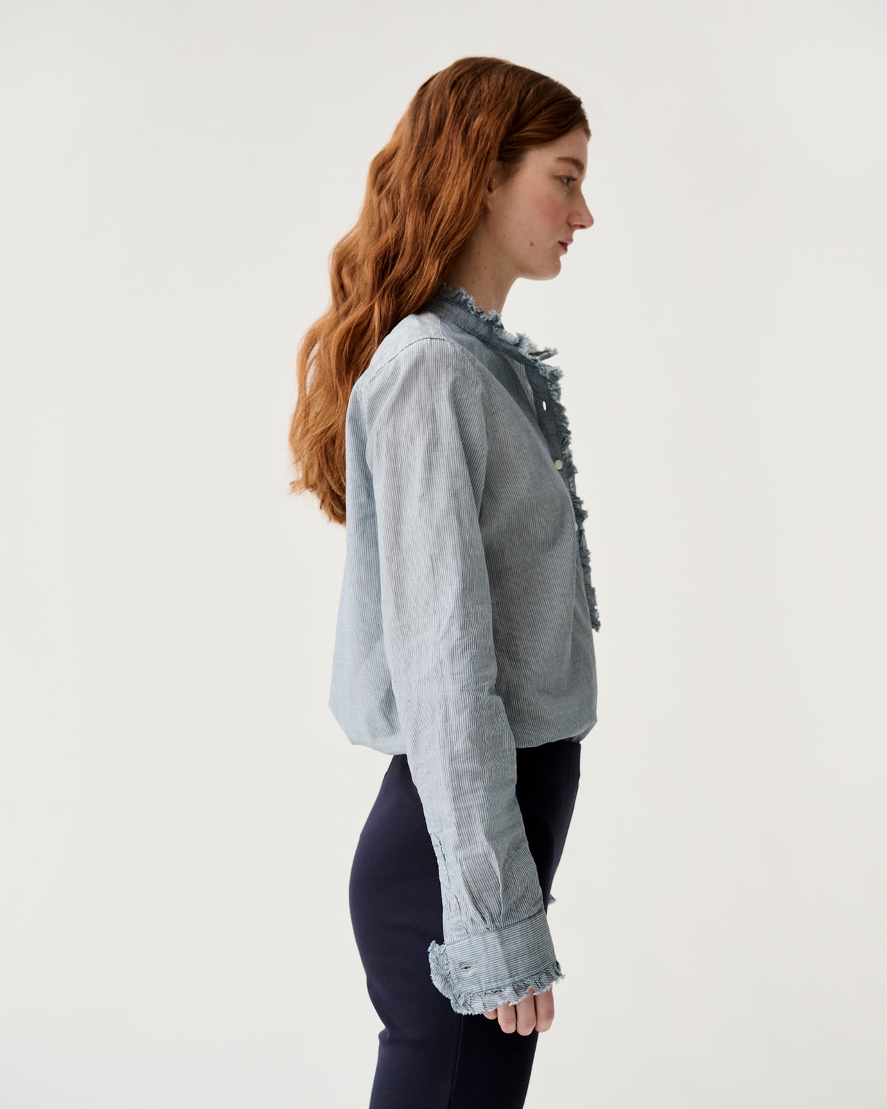 Frill Shirt in Indigo Pinstripe Lightweight Chambray