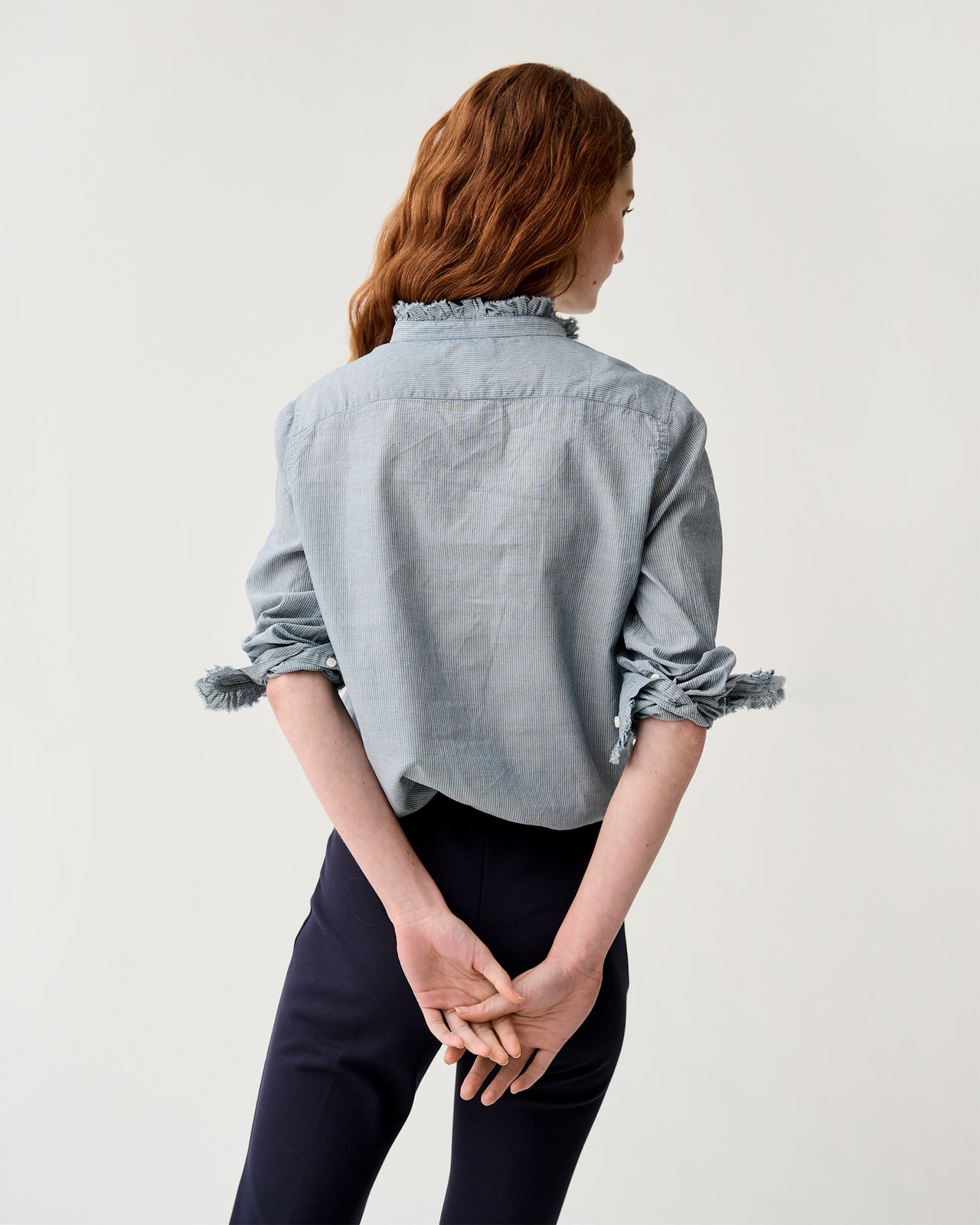 Frill Shirt in Indigo Pinstripe Lightweight Chambray