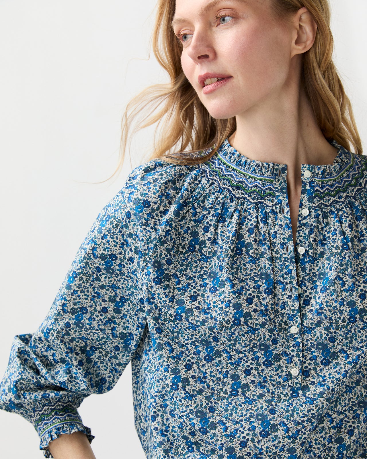 Christine Smocking Top in Blue Emma And Georgina Liberty Fabric