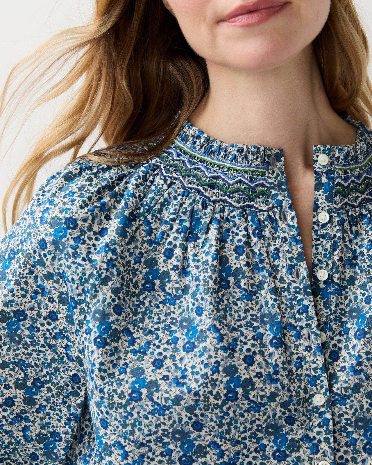 Christine Smocking Top in Blue Emma And Georgina Liberty Fabric