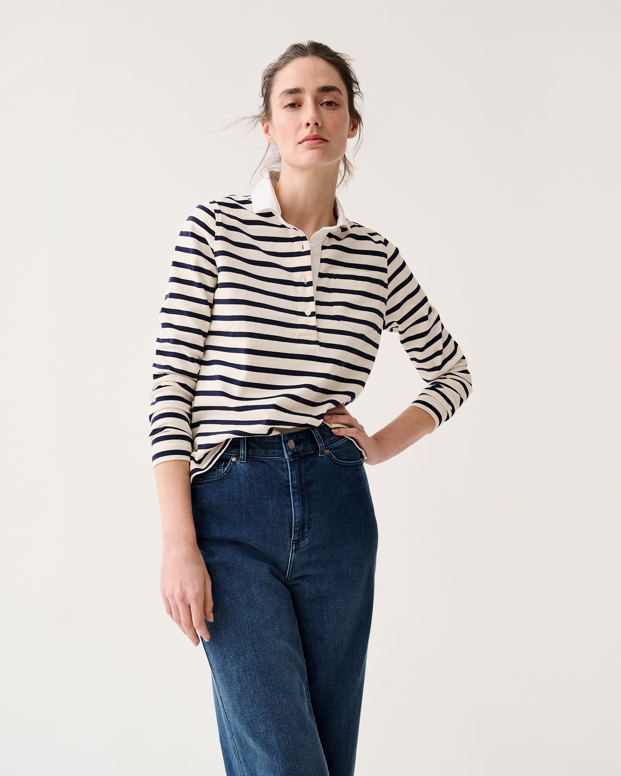 Franny Rugby Polo in Ivory/Navy Heavy Jersey