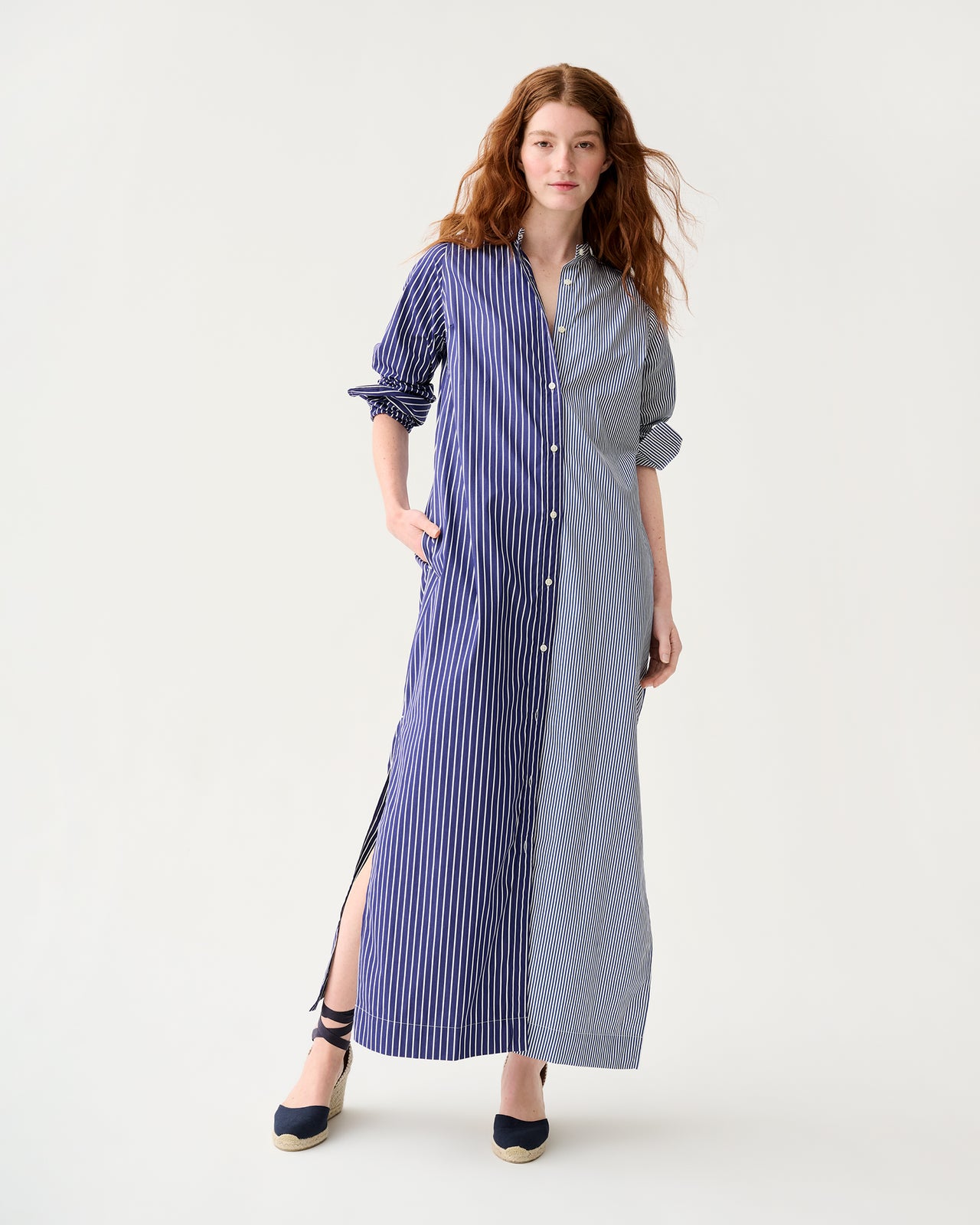 Mandarin Talitha Shirtdress in Navy/White Mixed Stripe Poplin
