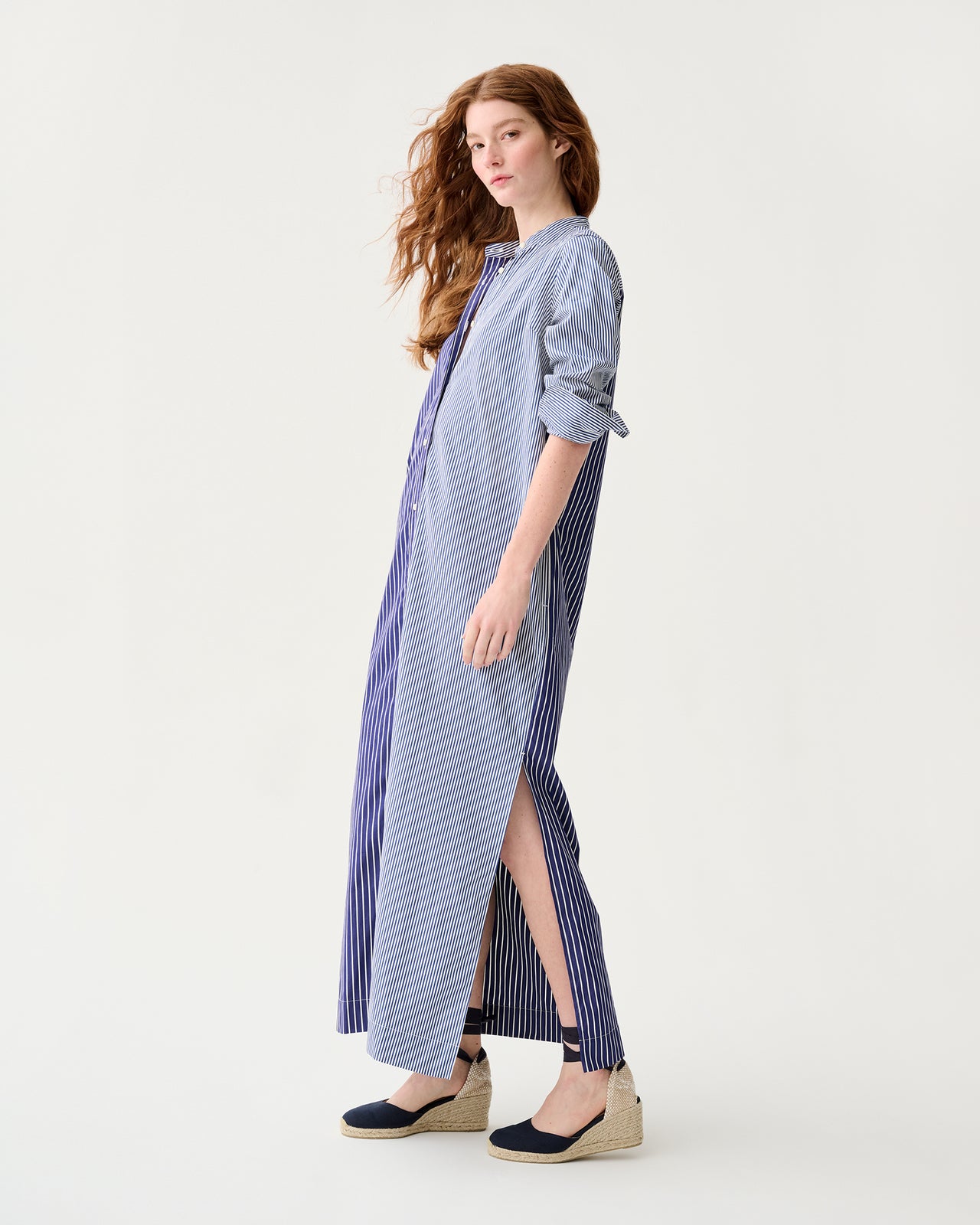 Mandarin Talitha Shirtdress in Navy/White Mixed Stripe Poplin