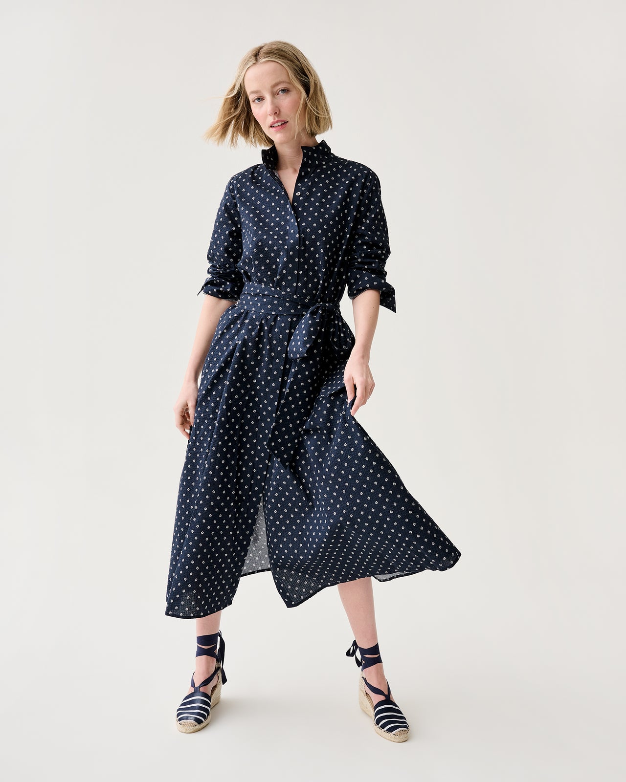 Annette Dress in Navy Leaf Printed Crinkle Cotton