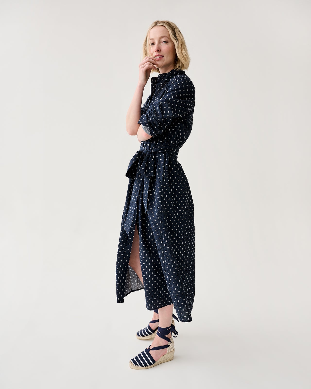 Annette Dress in Navy Leaf Printed Crinkle Cotton