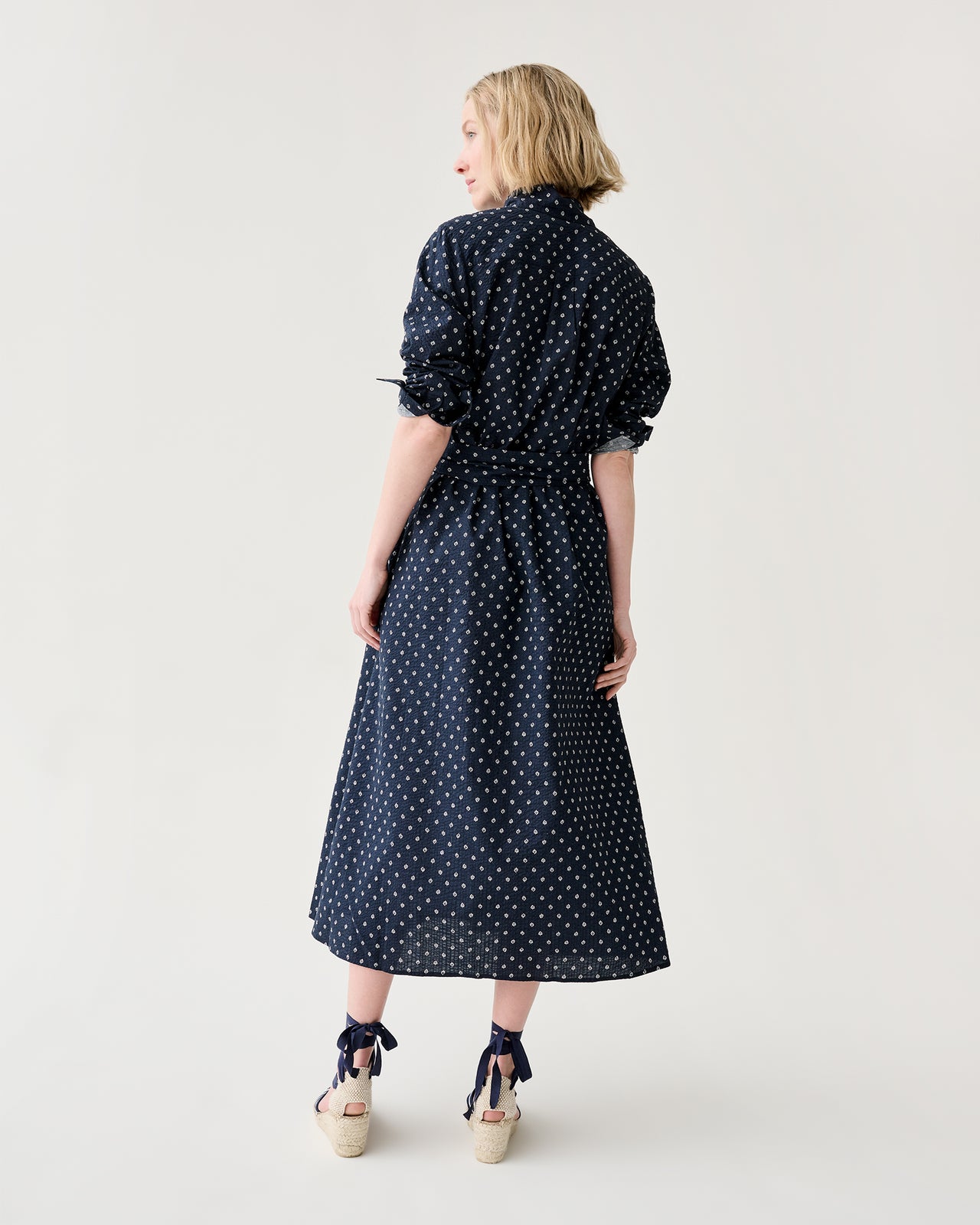 Annette Dress in Navy Leaf Printed Crinkle Cotton