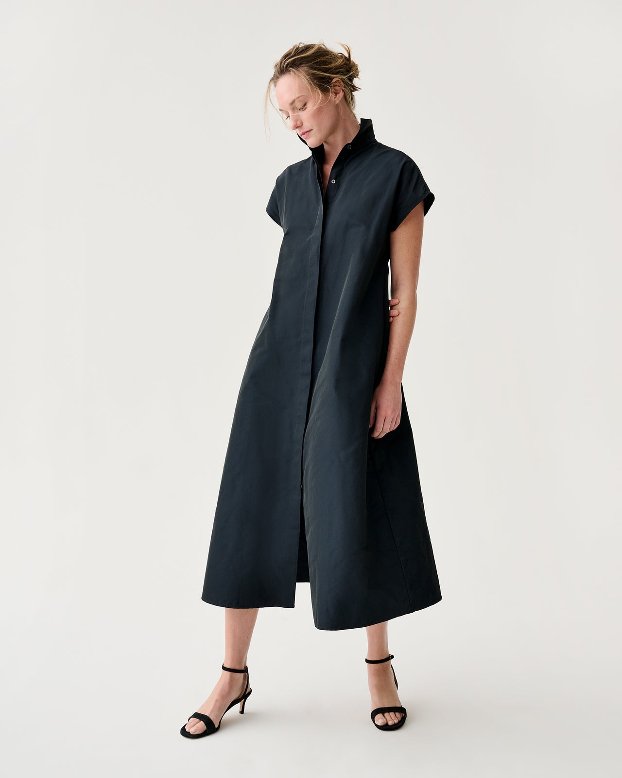 Gianna Maxi Collared Shirtdress in Navy Nylon Faille