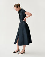 Load image into Gallery viewer, Gianna Maxi Collared Shirtdress in Navy Nylon Faille
