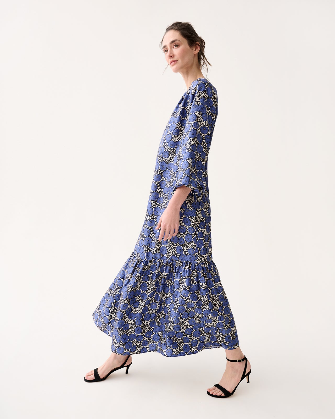 Aba Maxi Dress in Navy/Blue Peony Buds Printed Silk Twill