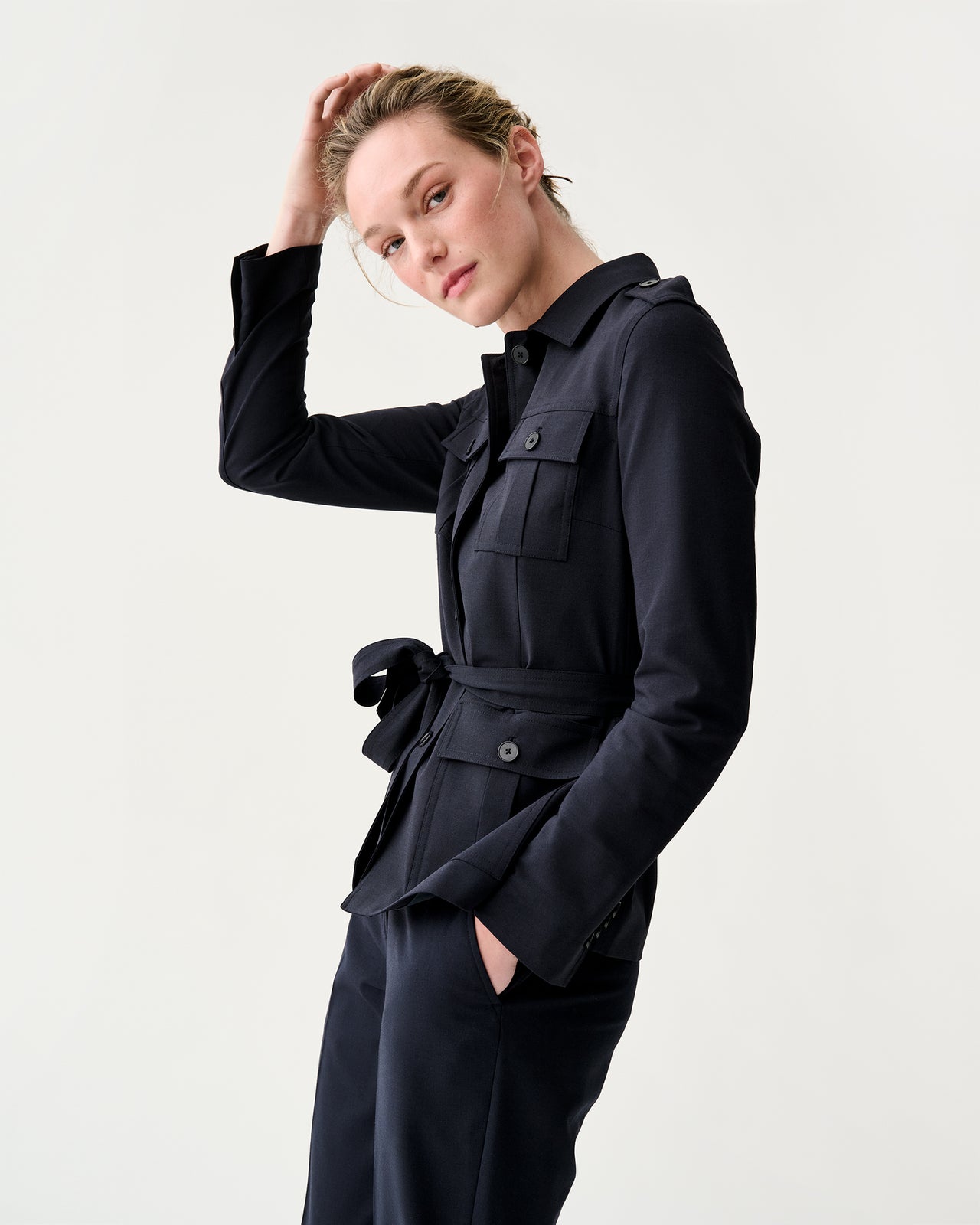 Safari Jacket in Navy Bi-Stretch Tropical Wool
