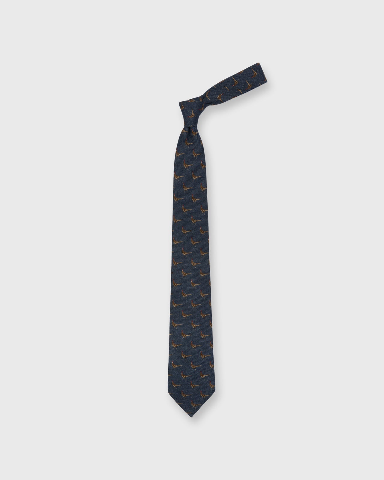 Hand-Rolled Wool Print Tie in Char Blue Pheasant