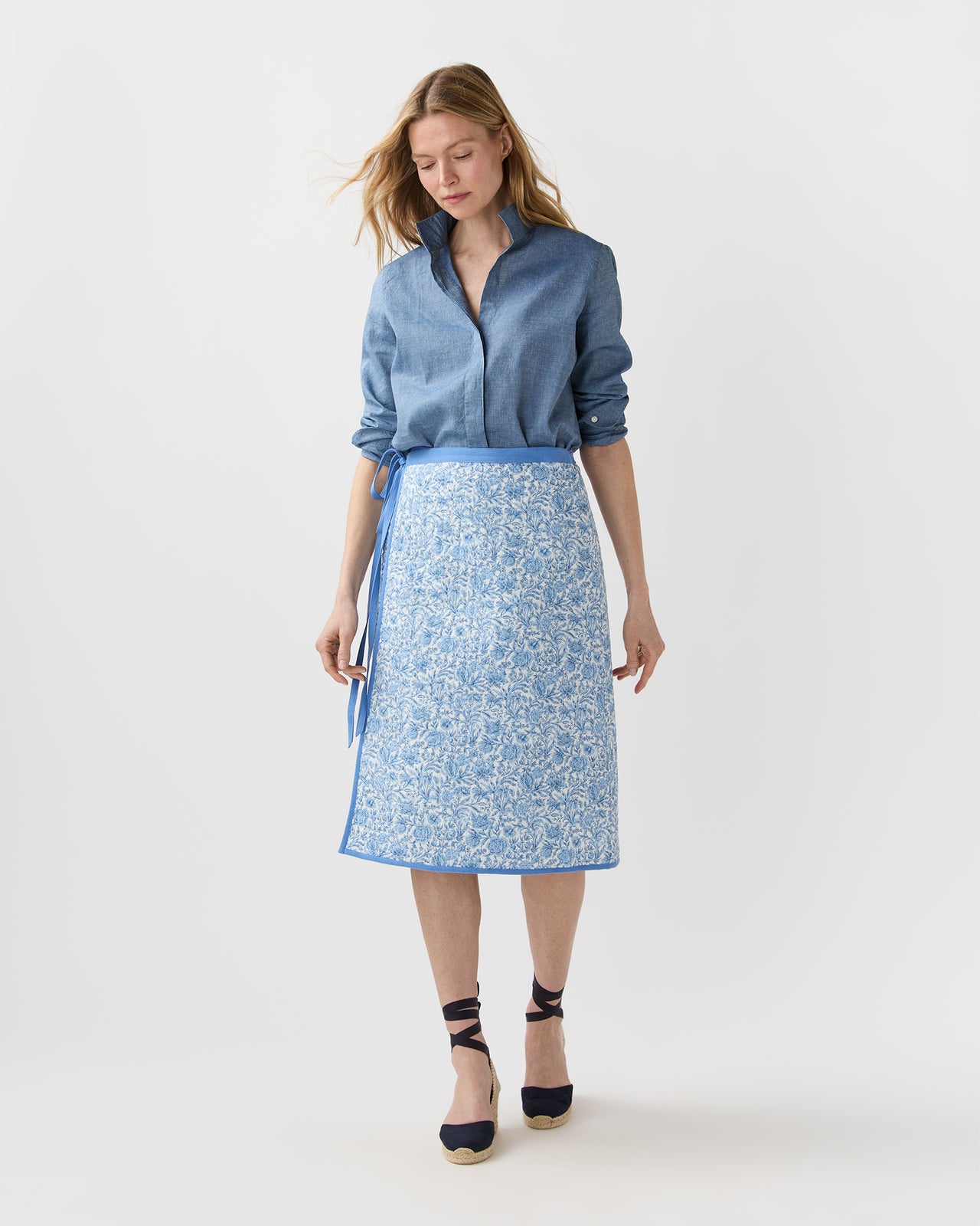 Quilted Adley Wrap Skirt in Green/Blue Sambourne Liberty Fabric