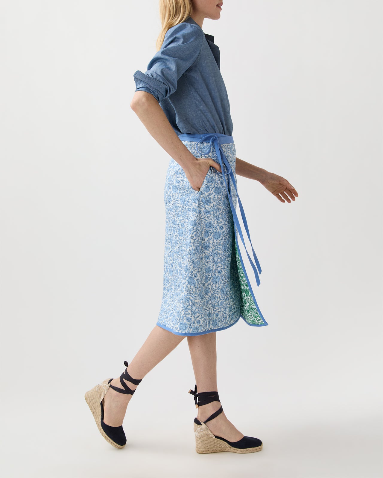 Quilted Adley Wrap Skirt in Green/Blue Sambourne Liberty Fabric