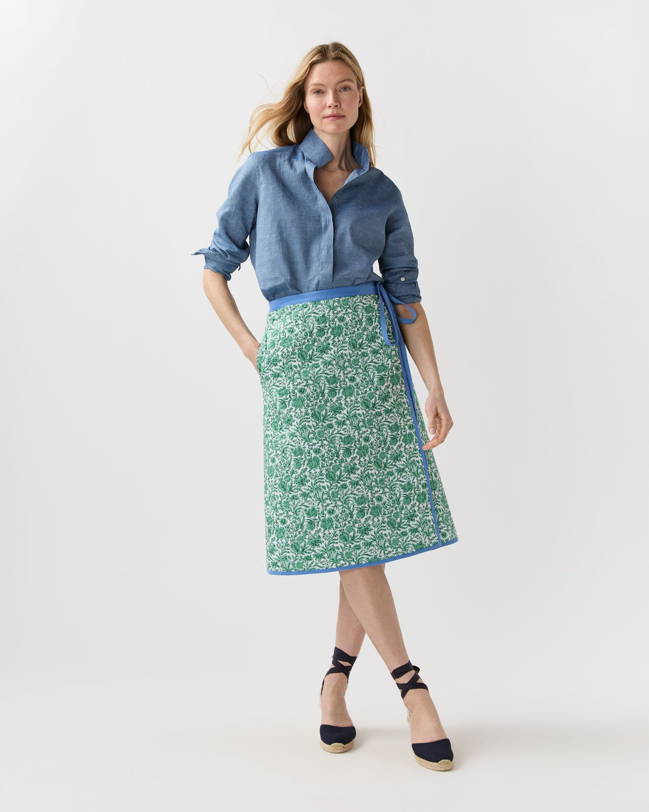 Quilted Adley Wrap Skirt in Green/Blue Sambourne Liberty Fabric