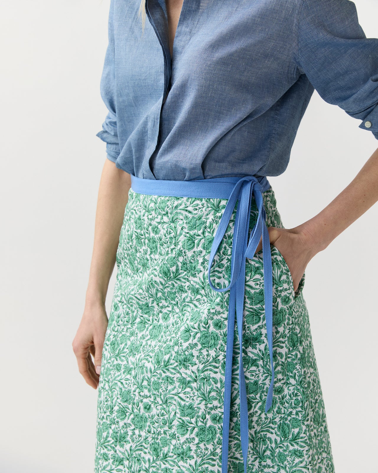 Quilted Adley Wrap Skirt in Green/Blue Sambourne Liberty Fabric