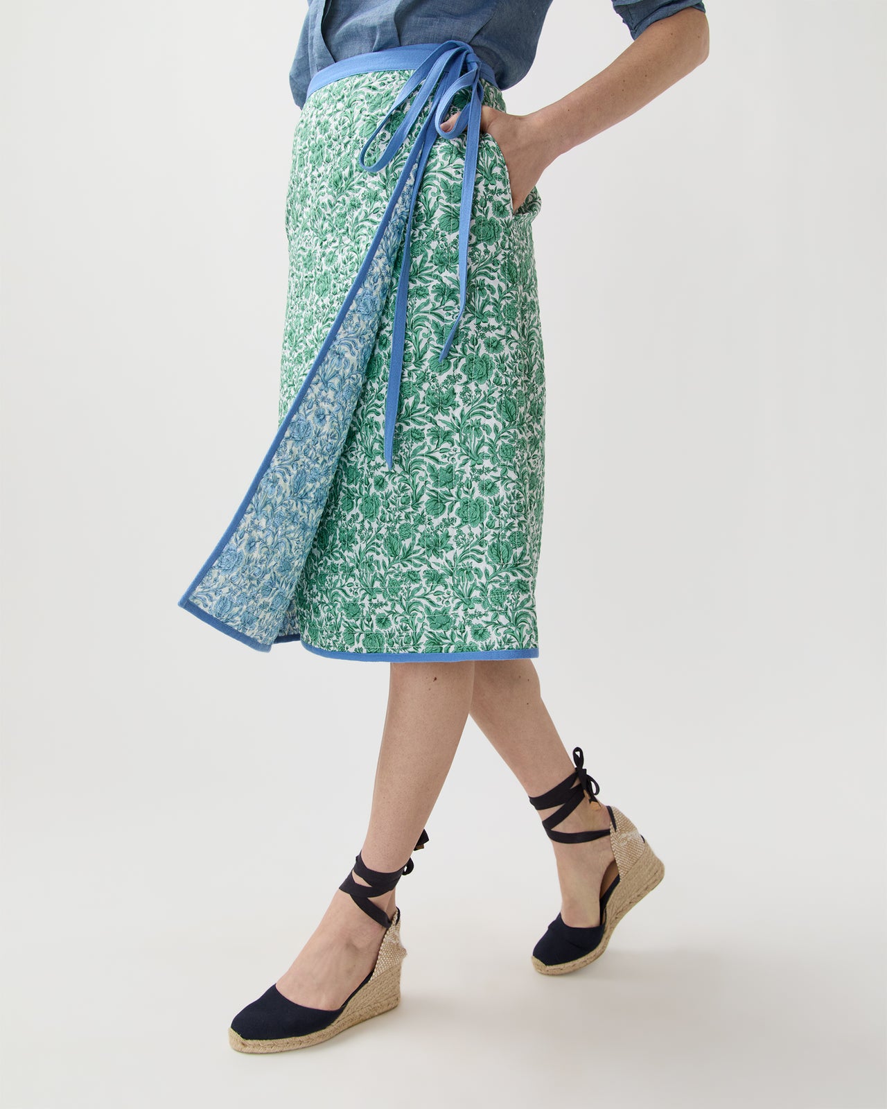 Quilted Adley Wrap Skirt in Green/Blue Sambourne Liberty Fabric