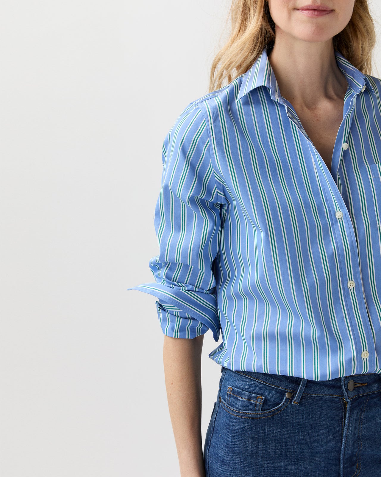 Sidney Shirt in French Blue/Green Multi Stripe Poplin