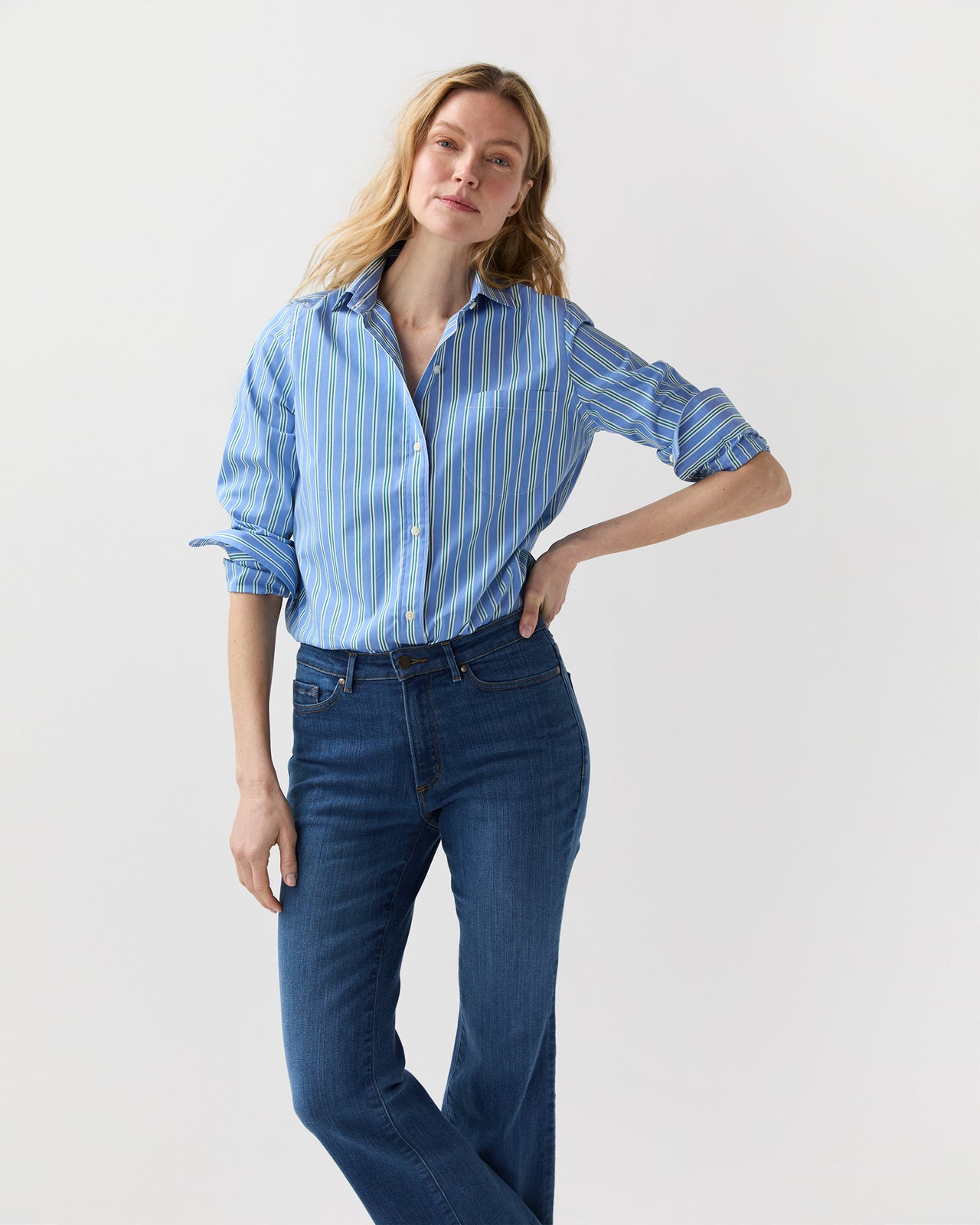 Sidney Shirt in French Blue/Green Multi Stripe Poplin