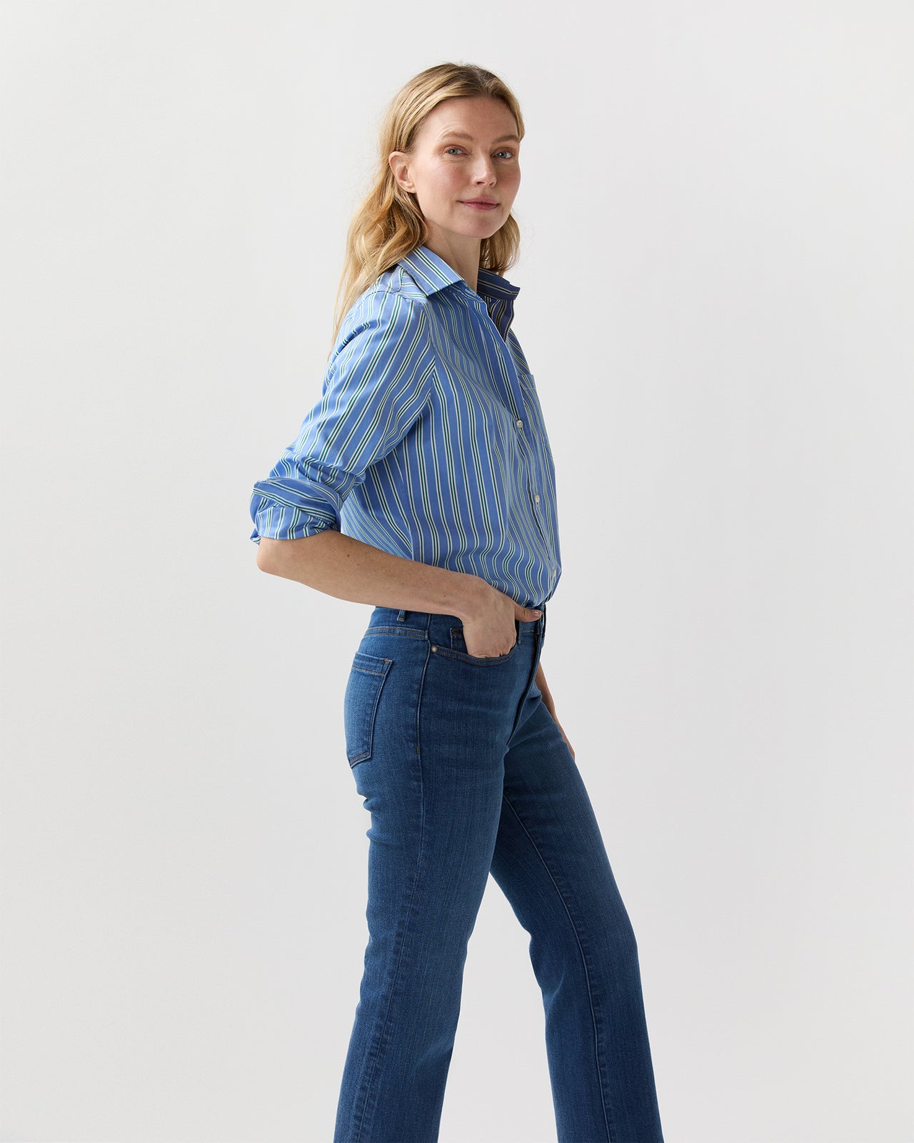 Sidney Shirt in French Blue/Green Multi Stripe Poplin