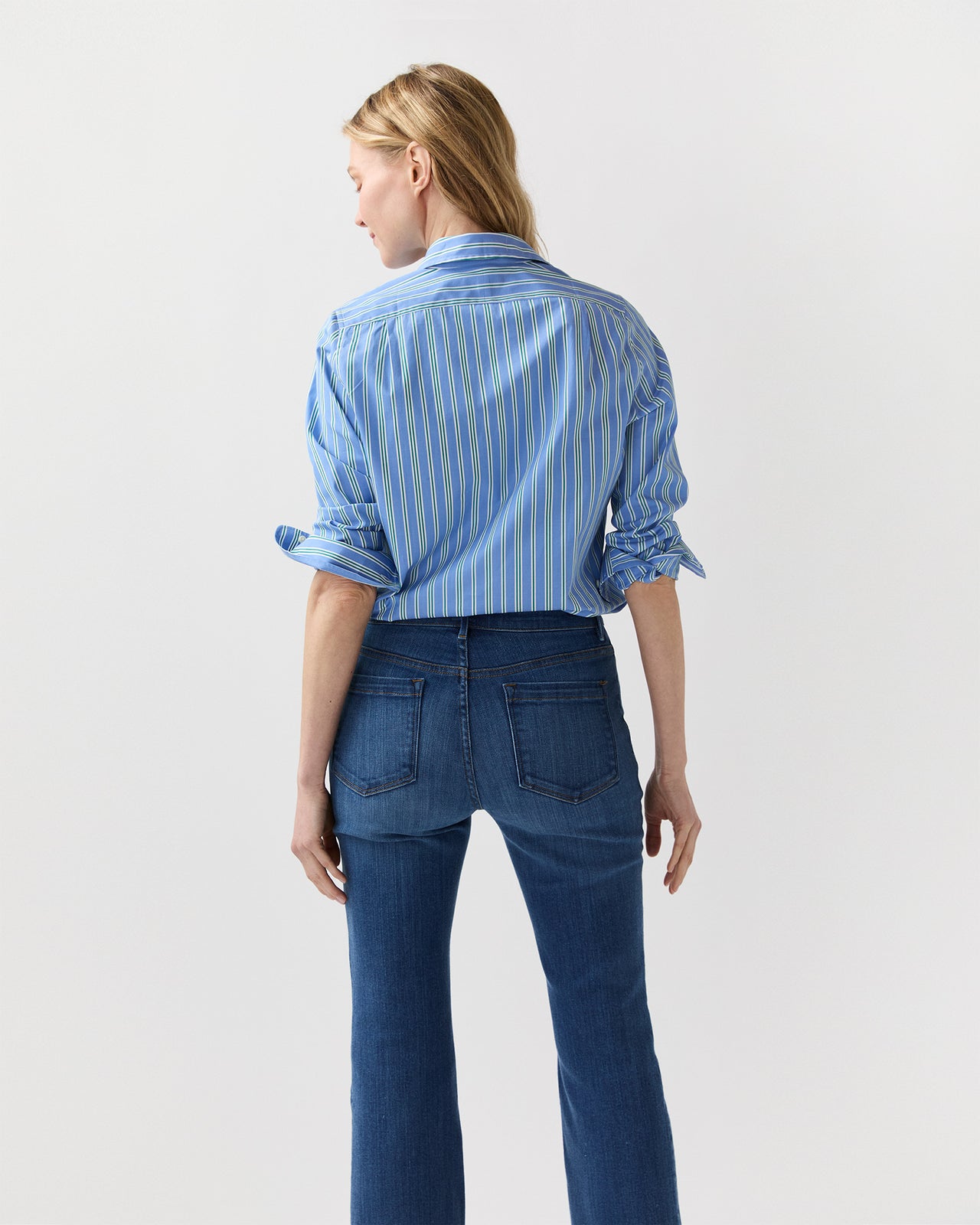 Sidney Shirt in French Blue/Green Multi Stripe Poplin
