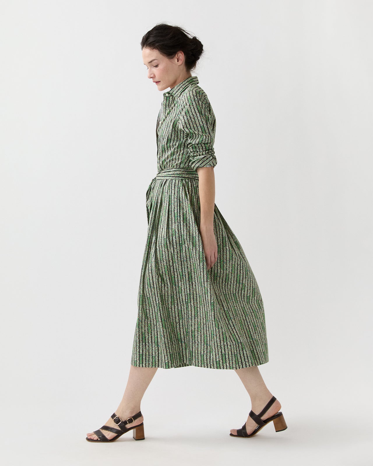 Classic Shirtwaist Dress in Green Floral Stripe Printed Poplin