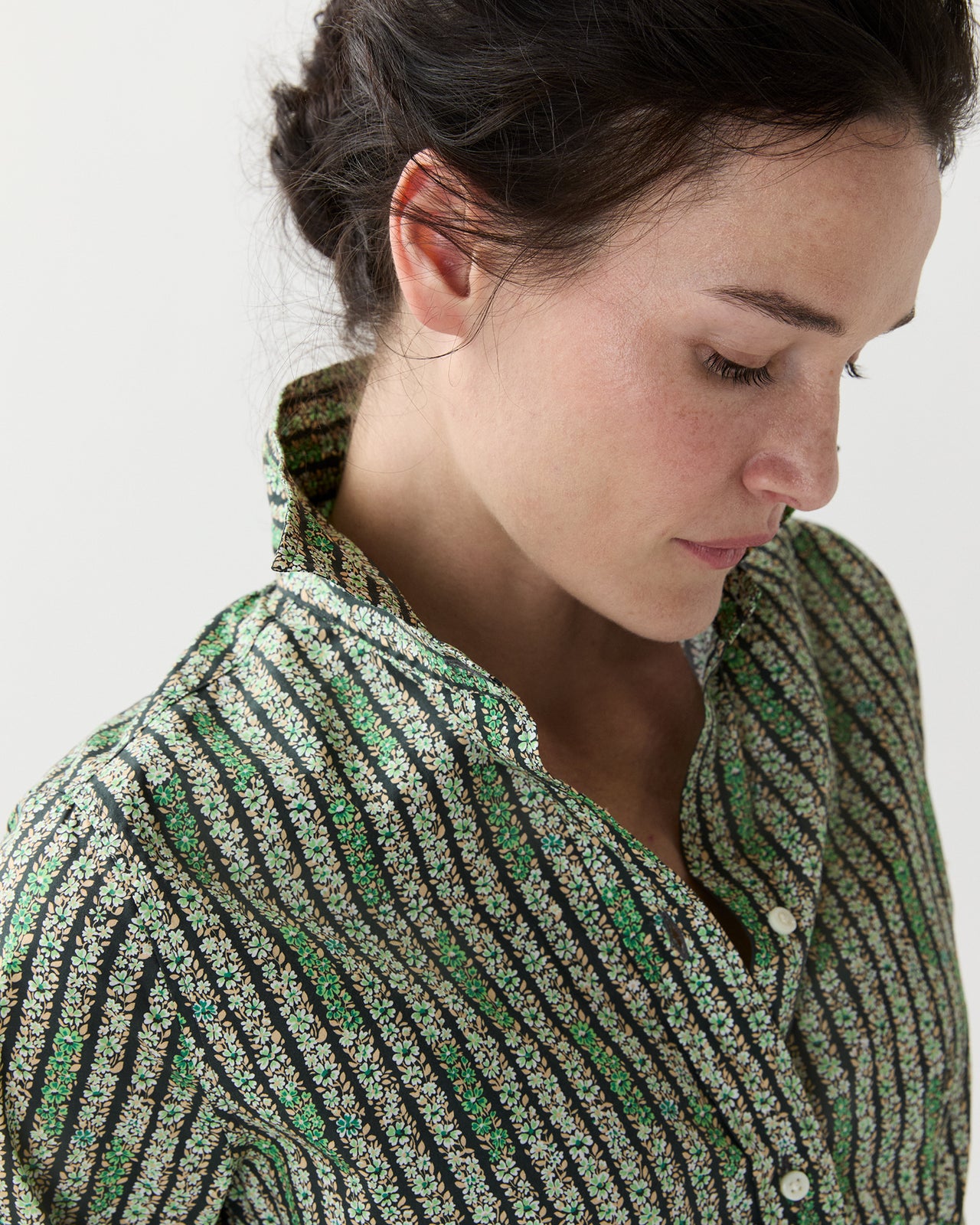 Classic Shirtwaist Dress in Green Floral Stripe Printed Poplin
