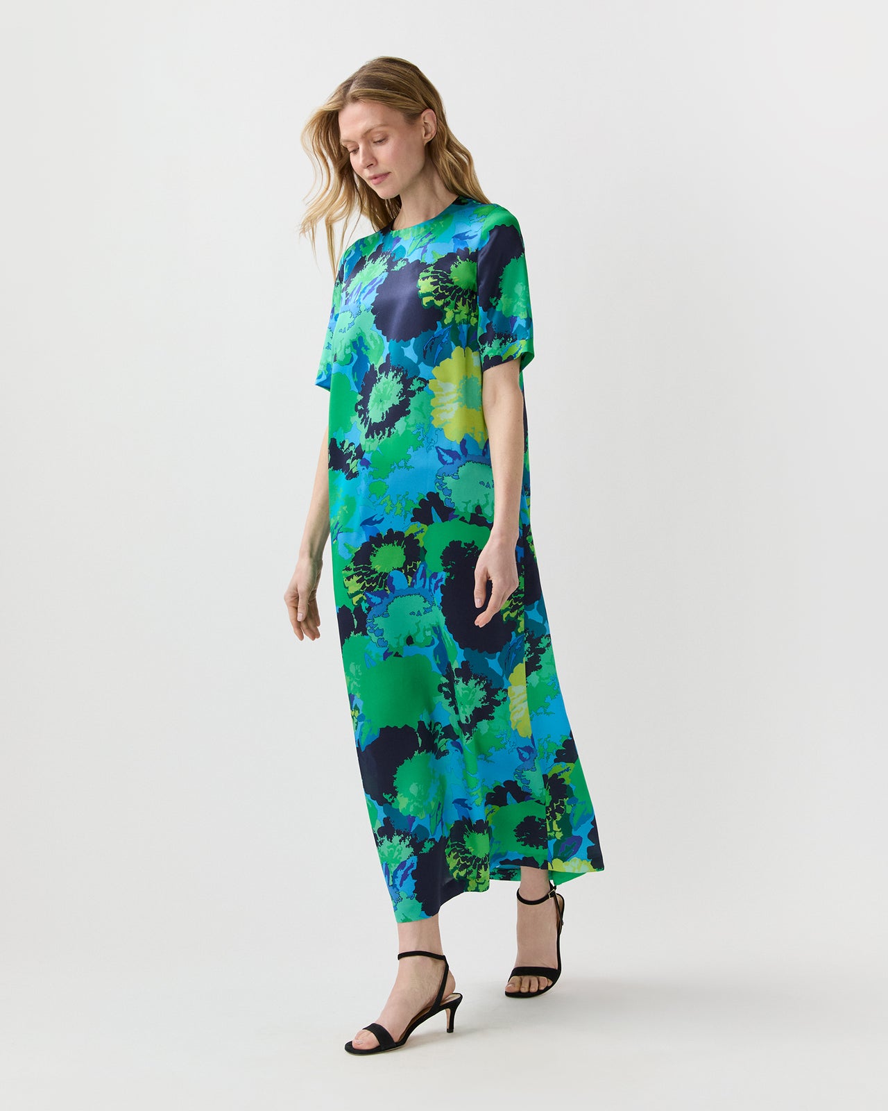 Paige Maxi Dress in Blue/Green Floral Printed Silk Charmeuse