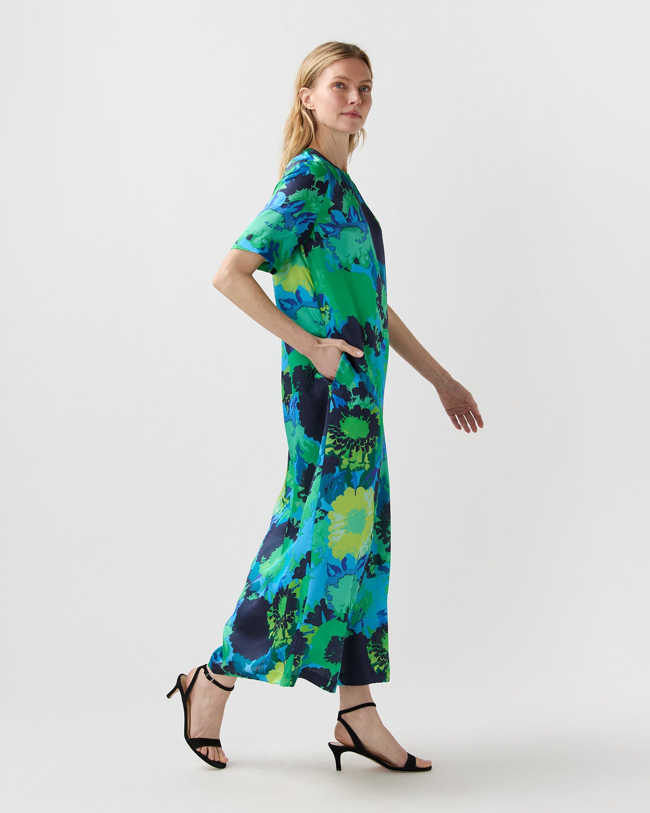 Paige Maxi Dress in Blue/Green Floral Printed Silk Charmeuse