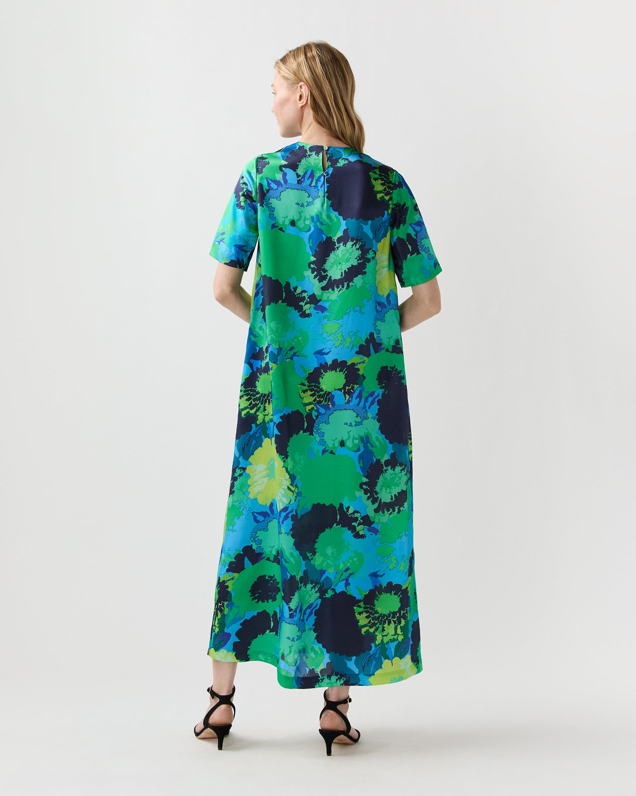 Paige Maxi Dress in Blue/Green Floral Printed Silk Charmeuse