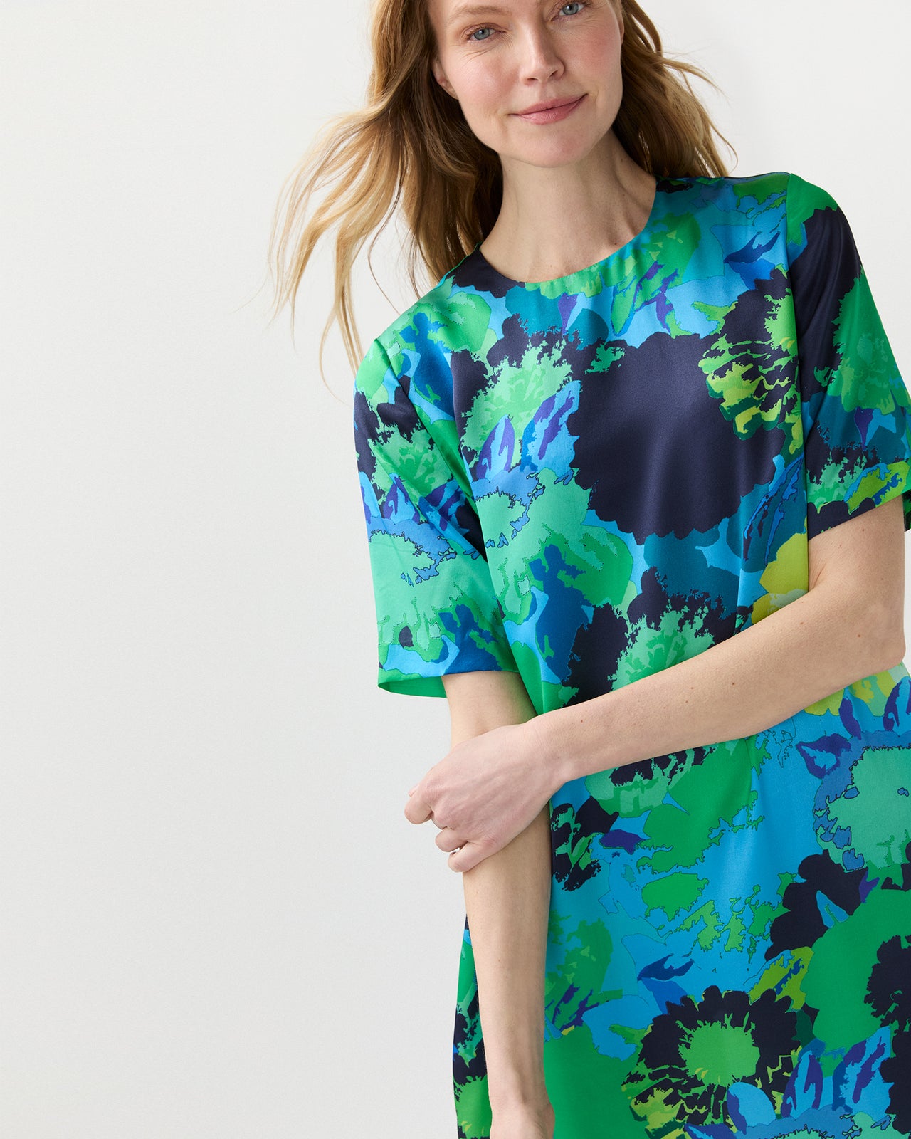 Paige Maxi Dress in Blue/Green Floral Printed Silk Charmeuse