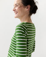 Load image into Gallery viewer, Long-Sleeved Boatneck Tee in Green/White Stripe Jersey
