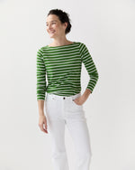 Load image into Gallery viewer, Long-Sleeved Boatneck Tee in Green/White Stripe Jersey
