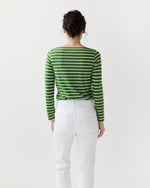 Load image into Gallery viewer, Long-Sleeved Boatneck Tee in Green/White Stripe Jersey
