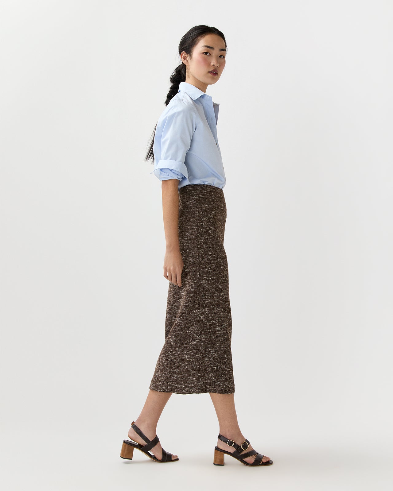 Long Pull-On Skirt in Brown/Ivory Speckled Knit