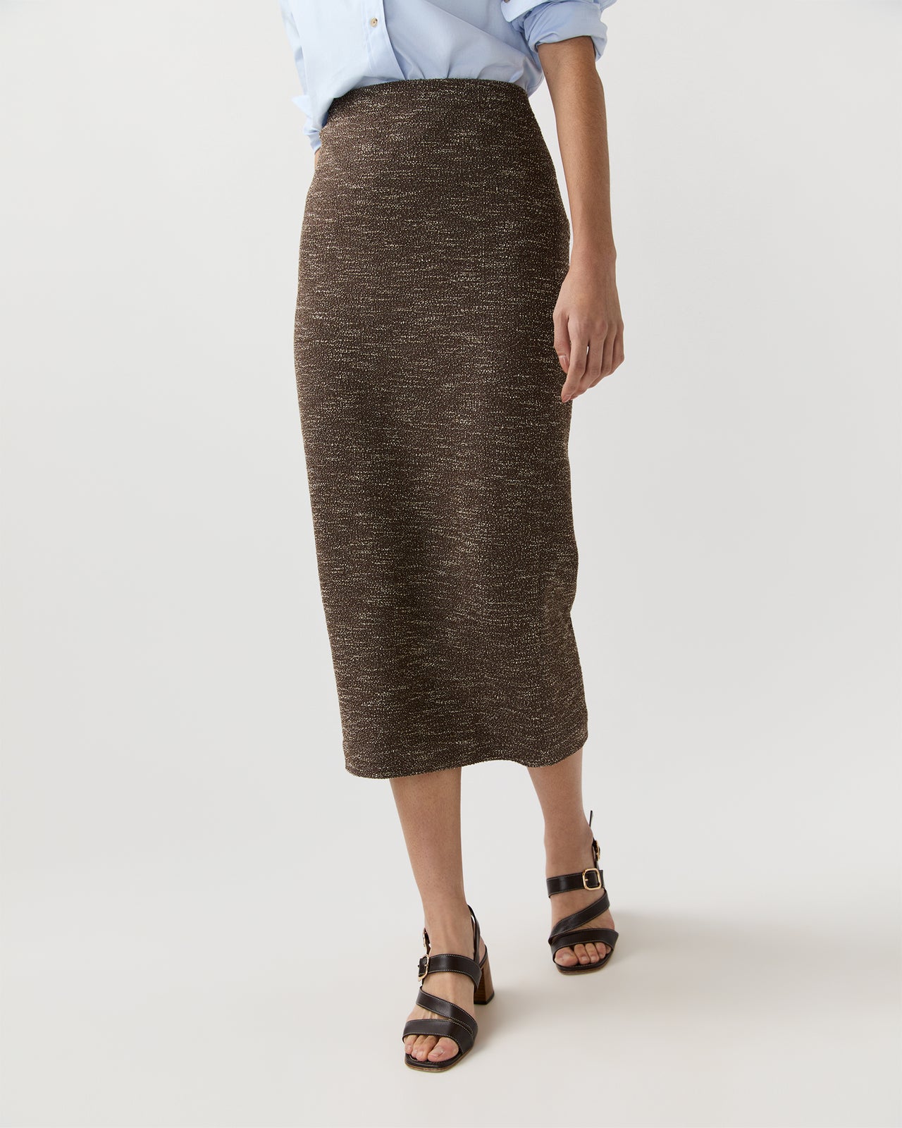 Long Pull-On Skirt in Brown/Ivory Speckled Knit