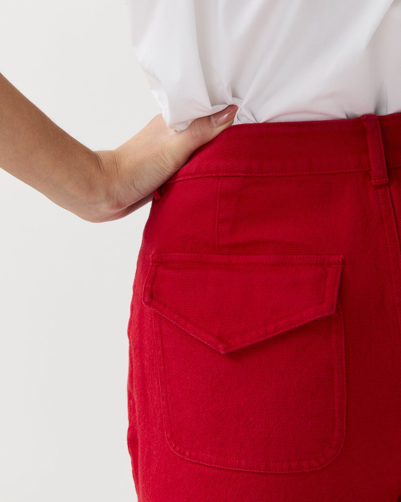 Camille Patch-Pocket Jean in Red Stretch Canvas