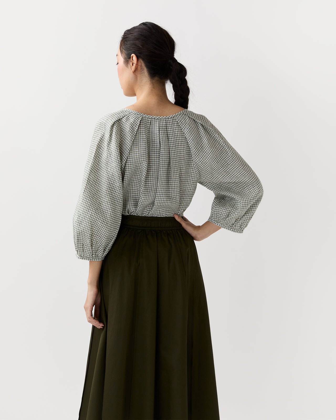 Victoria Blouse in Olive Gingham Sahara Linen