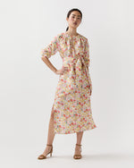 Load image into Gallery viewer, Trapunto Neck Dress in Multi Spring Blooms Italian Silk Shantung
