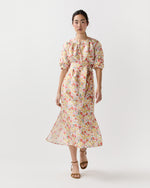 Load image into Gallery viewer, Trapunto Neck Dress in Multi Spring Blooms Italian Silk Shantung
