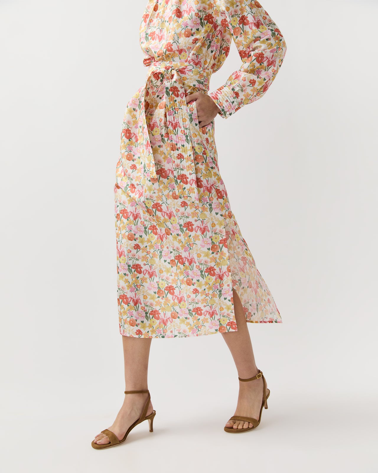 Trapunto Neck Dress in Multi Spring Blooms Italian Silk Shantung