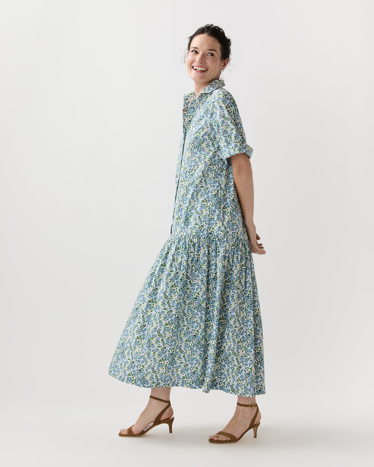 Nathalie Dress in Blue/Green Viger's Vine Liberty Fabric