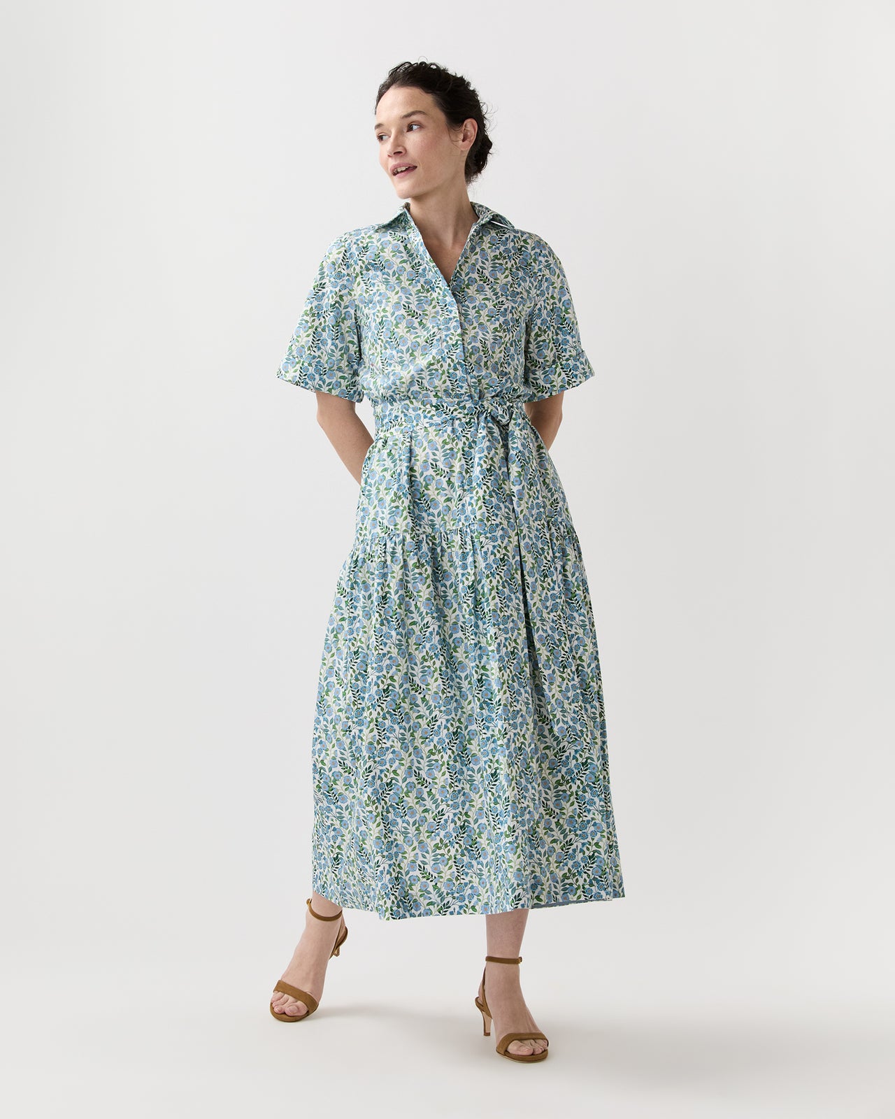 Nathalie Dress in Blue/Green Viger's Vine Liberty Fabric
