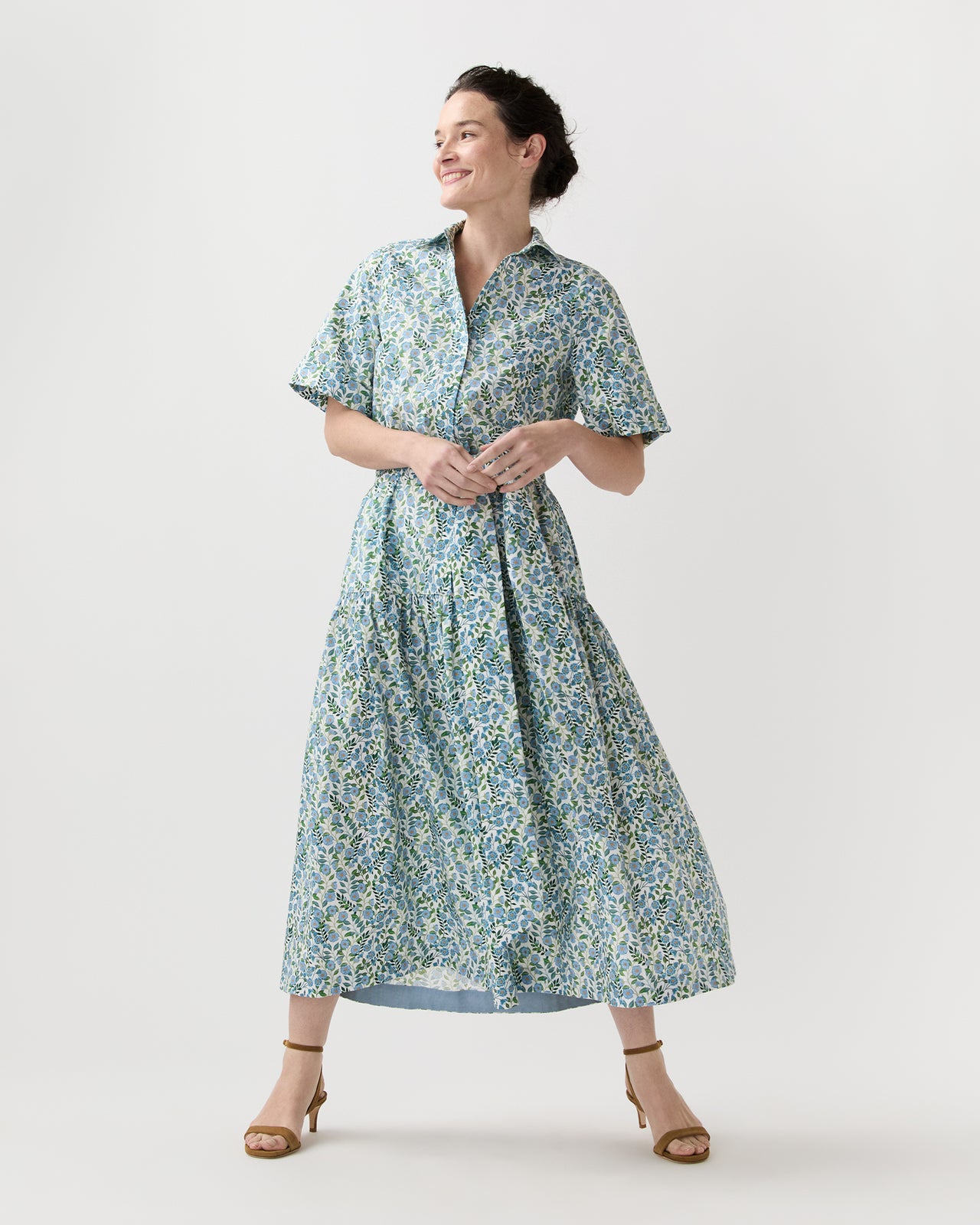 Nathalie Dress in Blue/Green Viger's Vine Liberty Fabric