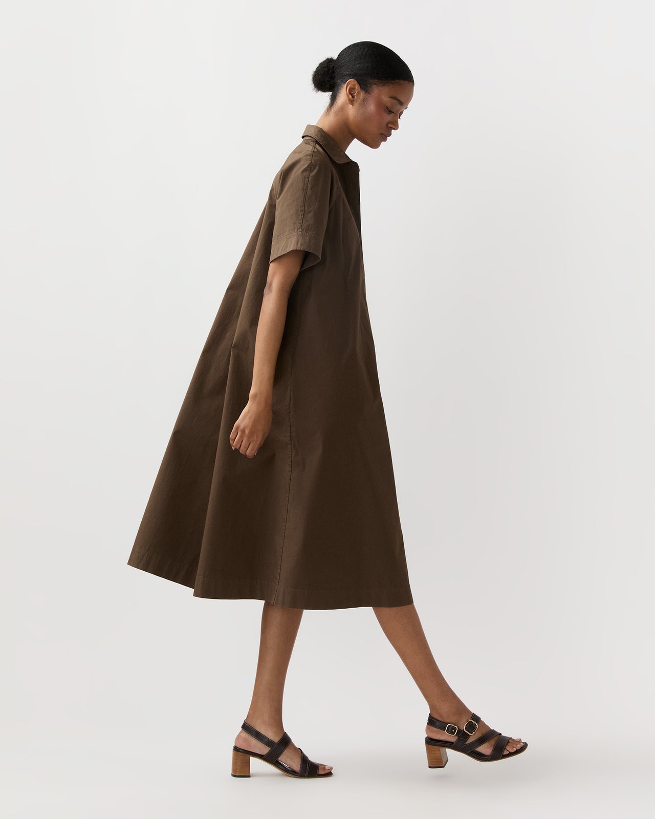 Riley Dress in Coffee Paperweight Stretch Poplin