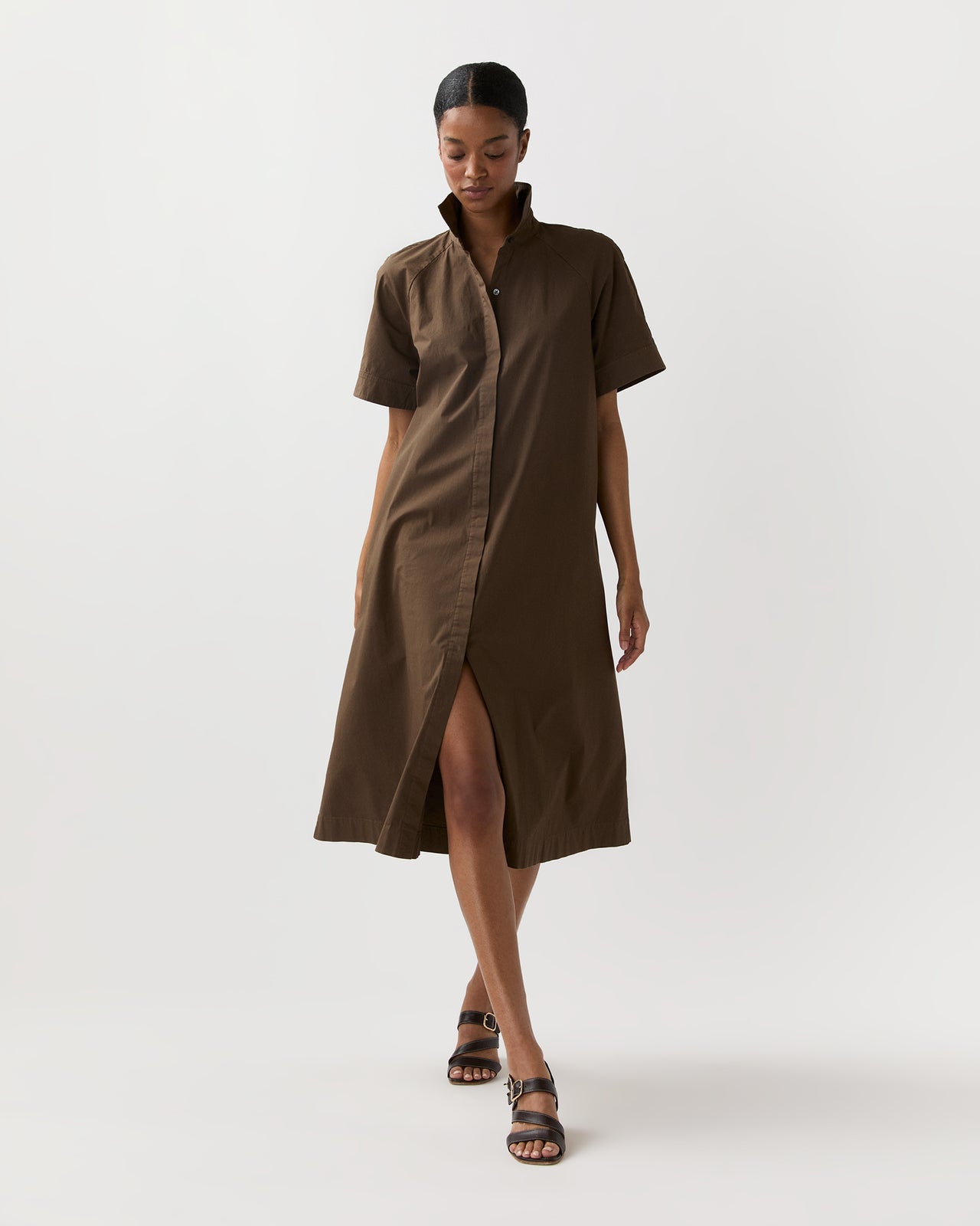 Riley Dress in Coffee Paperweight Stretch Poplin