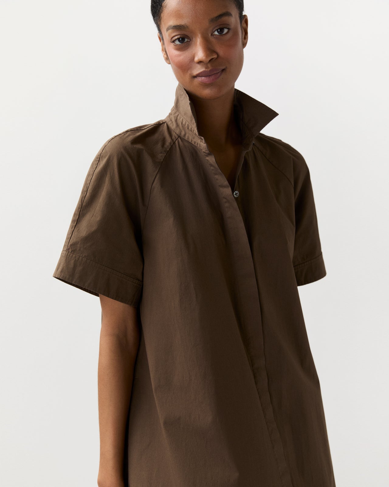 Riley Dress in Coffee Paperweight Stretch Poplin