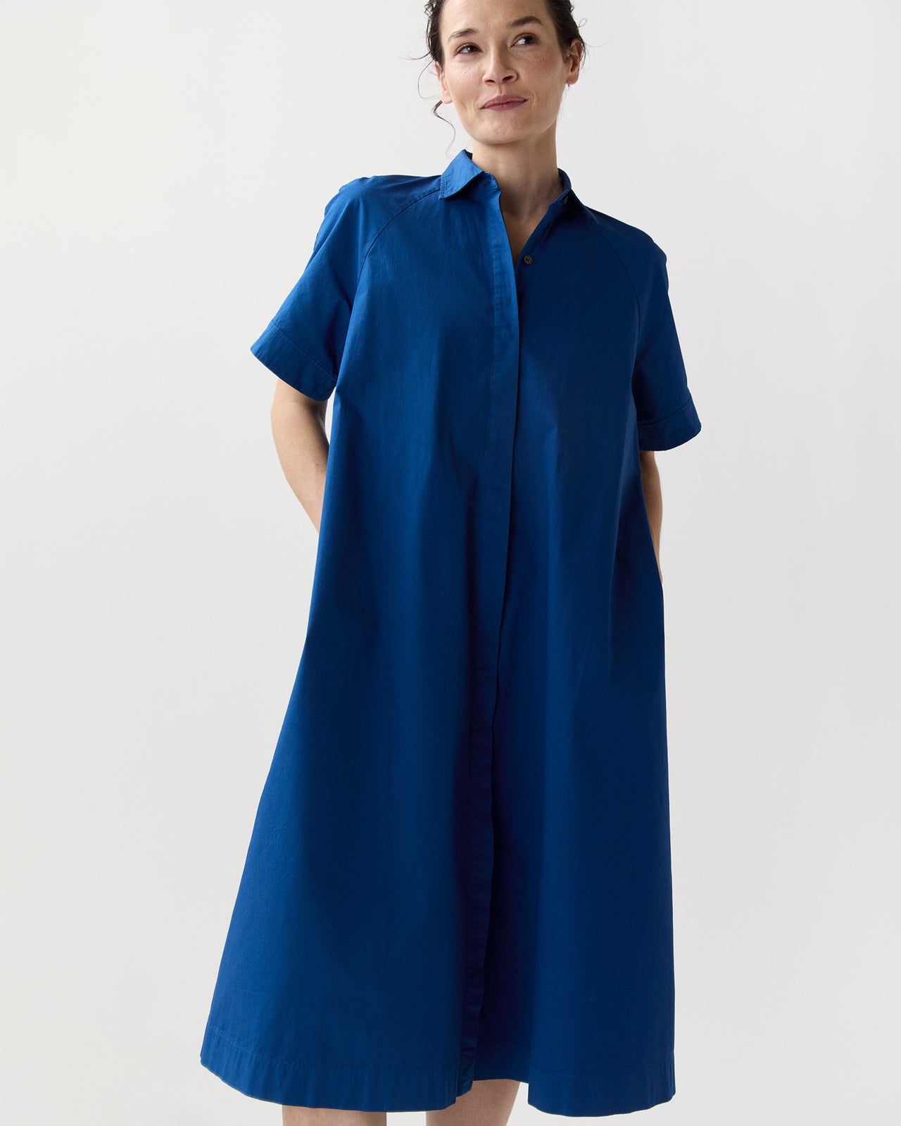 Riley Dress in Marine Paperweight Stretch Poplin