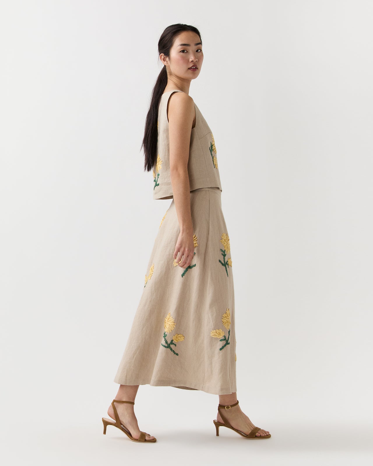 Renee Skirt in Yellow/Flax Ribbon Embroidered Linen