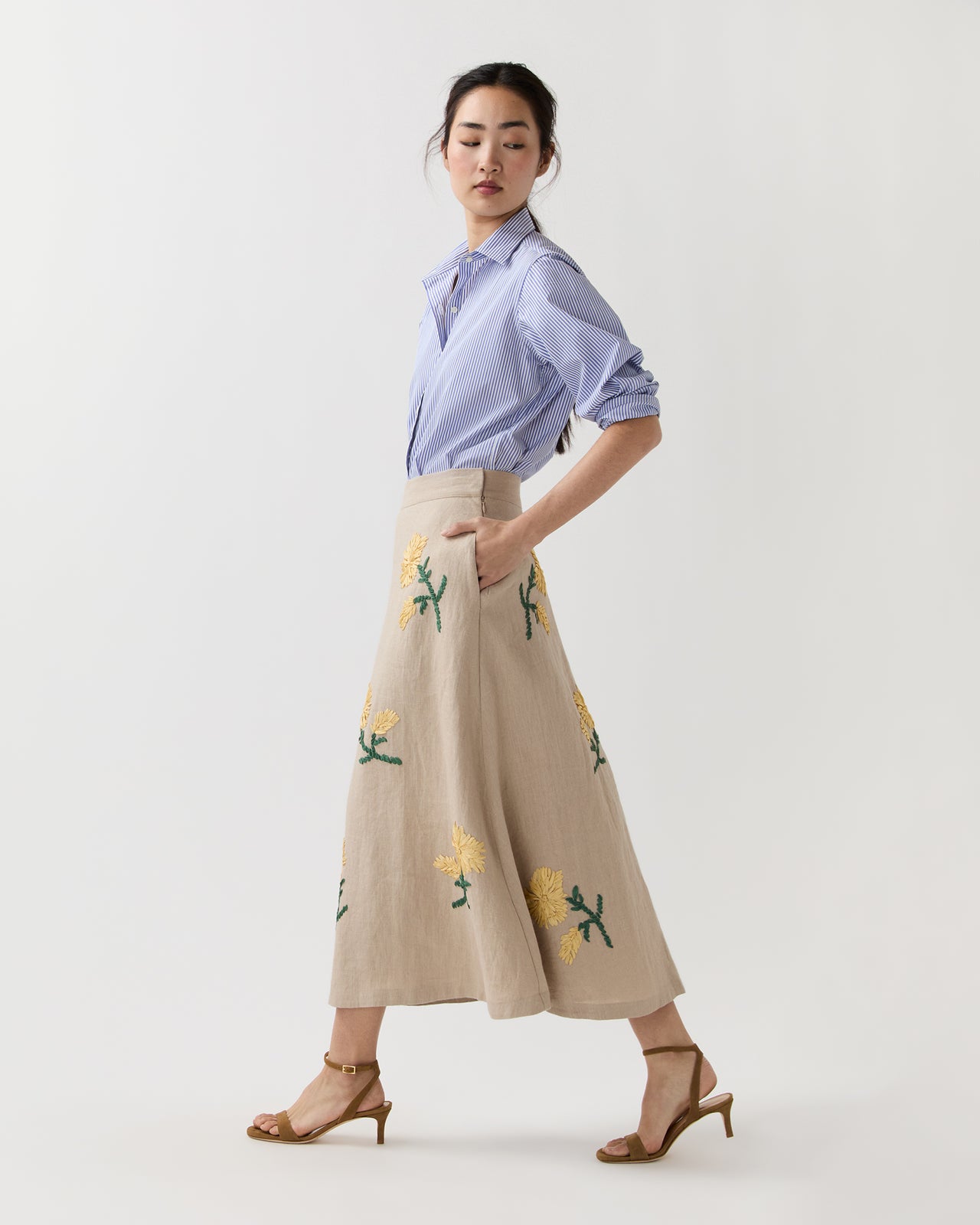Renee Skirt in Yellow/Flax Ribbon Embroidered Linen